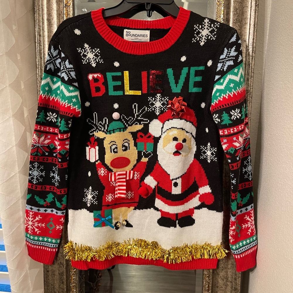 Christmas Sweater, black, red, green, and white.
